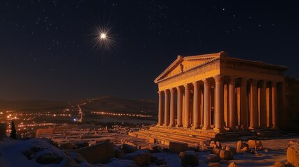 Obraz premium A striking star brightly lights up the night sky above the ancient temple ruins