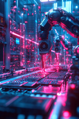 Blockchain Integration, A futuristic factory features holographic robot arms actively working on microchip assembly. The setting is illuminated with neon accents and digital