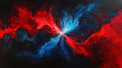 Fototapeta premium Versus background, A mesmerizing clash of neon blue and red energy, bursting in a spectacular splash on a dark canvas. The collision forms intricate patterns of light and movement,