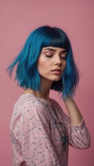 Fototapeta premium Person with short blue bob hairstyle and pink floral top in relaxed pose against dual background