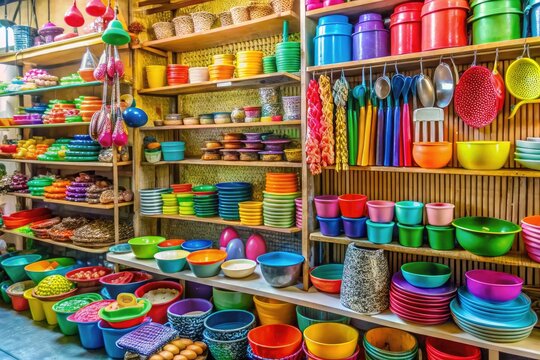 Colorful array of baking tools and supplies displayed on shelves in a quaint store specializing in baking essentials in the bustling Quiapo district of Manila.