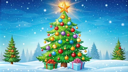 Fototapeta premium Colorful cartoon illustration of a merry Christmas tree adorned with ornaments, gifts, and a bright star on top, set against a snowy winter wonderland background.