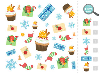 I spy game for kids with letters to Santa, gifts, cakes. Search and count how many. Math game. Vector