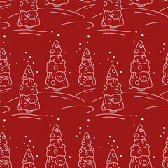 Vector seamless pattern of many linear decorated Christmas trees in big snowdrifts. Funny New Year contour background. Festive outline signs. Hand drawn snowy forest. Holiday mood. Cute winter print