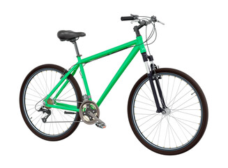 Green bicycle, side front view. Black leather saddle and handles. Png clipart isolated on transparent background