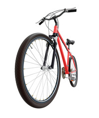 Red bicycle, front side view with wide angle shot of the front wheel. Black leather saddle and handles. Png clipart isolated on transparent background