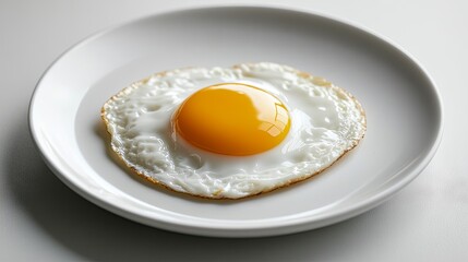 Fried egg displayed on a plain white plate,  a clean and minimalist culinary aesthetic.