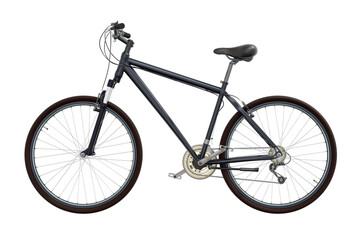 Black bicycle, side view. Black leather saddle and handles. Png clipart isolated on transparent background