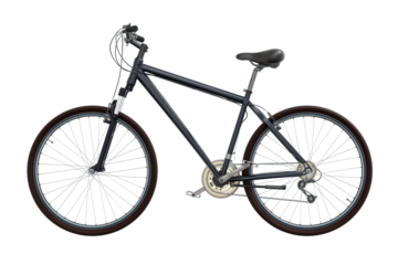 Black bicycle, side view. Black leather saddle and handles. Png clipart isolated on transparent background