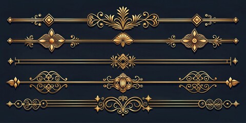 Art deco dividers and Victorian headers with golden ornaments on solid background