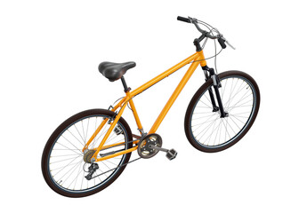 Fototapeta premium Orange bicycle, top back view. Black leather saddle and handles. Png clipart isolated on transparent background