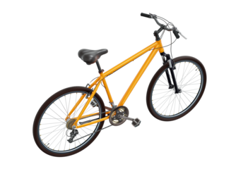 Orange bicycle, top back view. Black leather saddle and handles. Png clipart isolated on transparent background