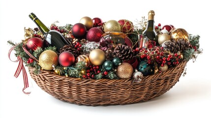 A wicker basket containing wine and Christmas