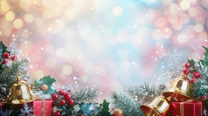 Christmas greeting card template bell, gift box and pine branches on bokeh background. perfect for holiday banners, cards, or marketing materials