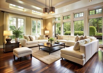 Fototapeta premium Cozy modern living room background with cream-colored walls, dark wood flooring, and sleek white furniture, illuminated by soft natural light filtering through large windows.