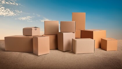 Obraz premium Customizable color background featuring a variety of cardboard boxes in different shapes and sizes, ideal for mockup presentations