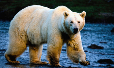 Obraz premium A large polar bear walks along the edge of a river