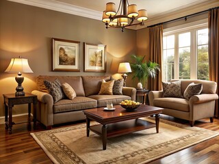 Cozy, well-lit sitting room with a neutral beige wall, plush brown sofa, and decorative rug, surrounded by elegant furnishings and soft, warm lighting.