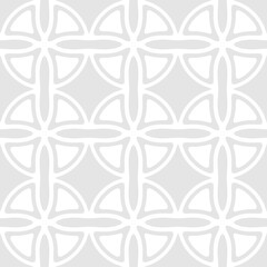 Abstract vector geometric seamless pattern. Antique ornament texture with curved shapes, grid, lattice, crosses, flower silhouettes. Subtle light gray background with medieval motifs. Repeat design