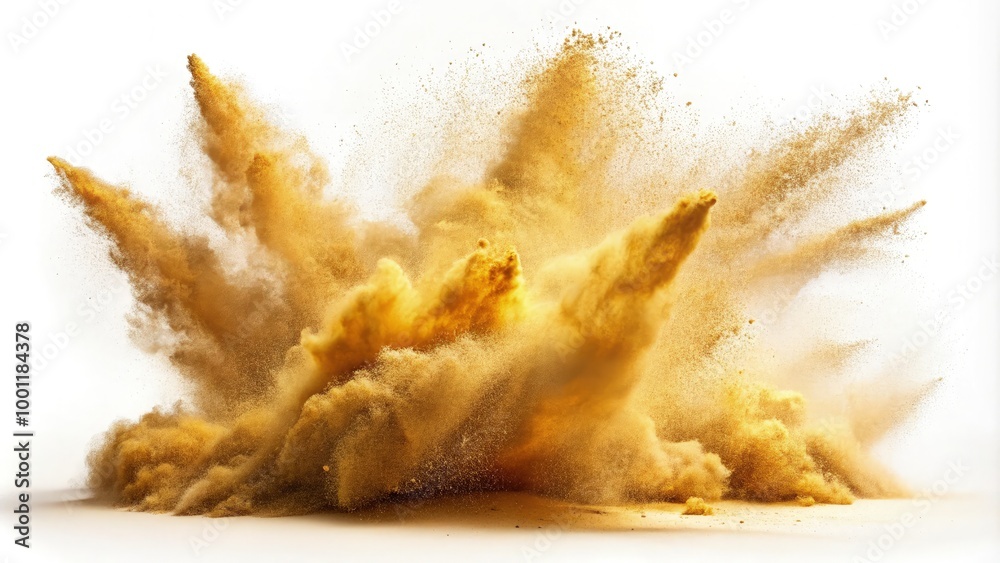 Wall mural golden sand explosion isolated on a white background showing dynamic dispersion. generative ai