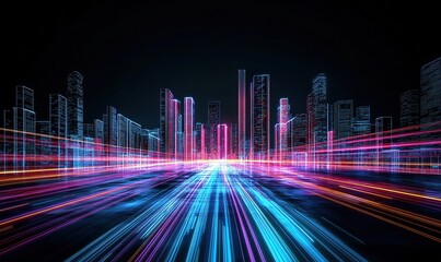 Fototapeta premium Abstract digital cityscape with glowing neon lights and skyscrapers on black background