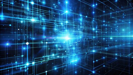 Dark blue futuristic digital background with scrolling code, glowing neon lines, and distorted network patterns, evoking a sense of cyber mystery and high-tech surveillance.