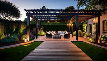 Obraz premium Imagine a lavish outdoor garden in the morning, adorned with a teak hardwood deck and a sleek black pergola. As evening falls, the scene transforms