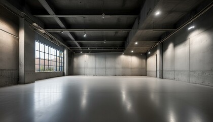 Obraz premium In a clean yet grungy concrete exhibition hall interior, mock-up spaces adorn the walls, offering a versatile canvas for showcasing creative designs amidst an industrial aesthetic