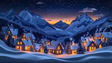 Paper cut art of Night view of a snow-covered village in the mountains