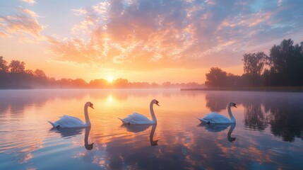 Fototapeta premium Three swans swimming in a tranquil lake at sunrise