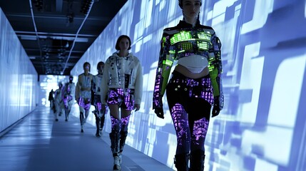 54. A futuristic runway with models in dynamic, tech-infused outfits showcasing interactive and reactive textile designs