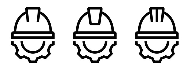 Vector illustration of three worker helmets with gears, representing construction, labor, and industry.