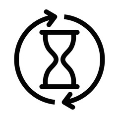 Vector icon of an hourglass surrounded by arrows, symbolizing time management, cycle, or repetition. Editable stroke.