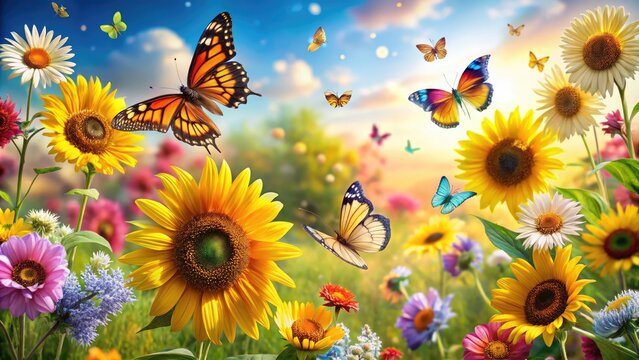 Delicate butterflies flit across a vibrant floral backdrop, featuring an array of colorful blooms, including sunflowers, daisies, and snapdragons, in a whimsical summer scene.
