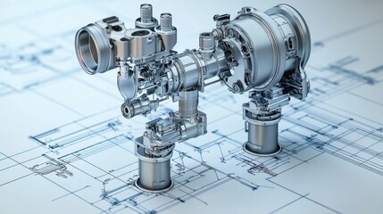 Ultrarealistic engine blueprint reveals 2D design and 3D structure, showcasing detailed mechanics in open space