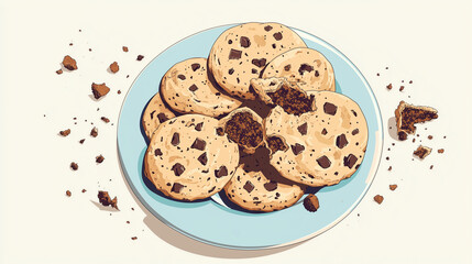A playful scene of a plate full of chocolate chip cookies, some with bites taken out, with crumbs scattered around the plate, Illustration, Food Concept
