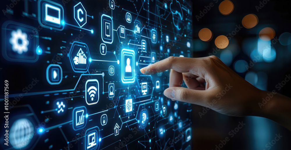 Leinwandbilder hand touching a digital screen with icons of technology and online network connection, cloud storage