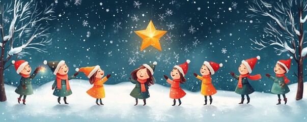 Naklejka premium A group of children in festive attire plays in the snow, reaching for a glowing star overhead