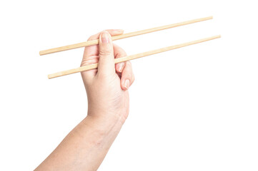 Female hand holding a wood chopstick isolated on white background.