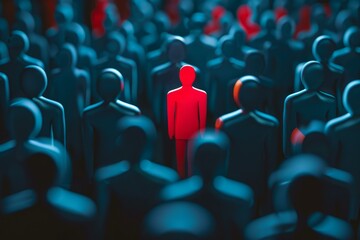 Obraz premium Single red person is standing out from a crowd of identical blue people