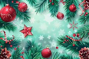 On a green background there are red Christmas toys and red snowflakes