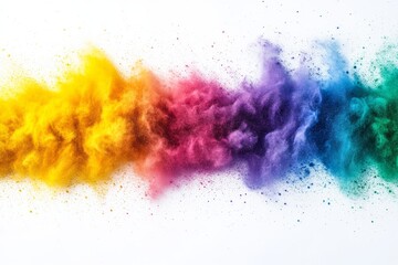 Fototapeta premium A burst of colored powder in yellow, pink, purple, and turquoise creates a striking visual effect on a bright white backdrop
