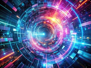 Fototapeta premium Distorted neon lights and fractured code swirl in a mesmerizing vortex, creating a futuristic glitch background with a hypnotic, high-tech aesthetic and eerie luminescence.