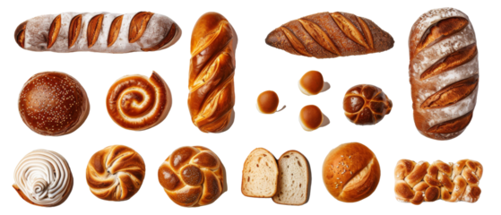 Set of isolated freshly baked bread and rolls on transparent background. cut elements, cut out. Top view high quality PNG." design elements, top view / flat lay.