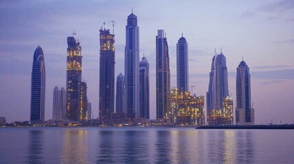 Obraz premium Dusk skyline with towering skyscrapers and construction, symbolizing growth and opportunity in business investment, Created with Generative AI.