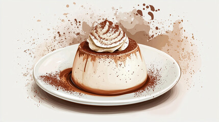 A panna cotta with a coffee flavor, illustrated with a swirl of whipped cream and a sprinkle of cocoa powder, served in a small elegant dish, Illustration, Food Concept