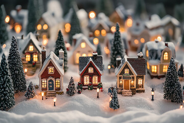 Snowcovered Christmas village glowing with festive lights and cozy homes, Christmas village, winter holiday charm