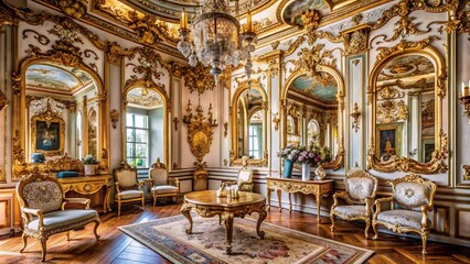 Fototapeta premium Elegant 18th-century styled room with ornate gilded mirrors, curved furniture, and intricate patterns on walls and