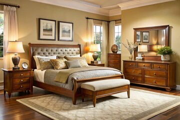 Elegant bedroom set featuring a sturdy wooden bedframe, matching nightstands, and a comfortable upholstered armchair,