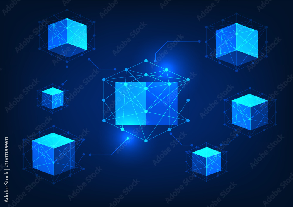 Poster blockchain technology, square blockchain boxes connected by lines and circuit lines, representing se